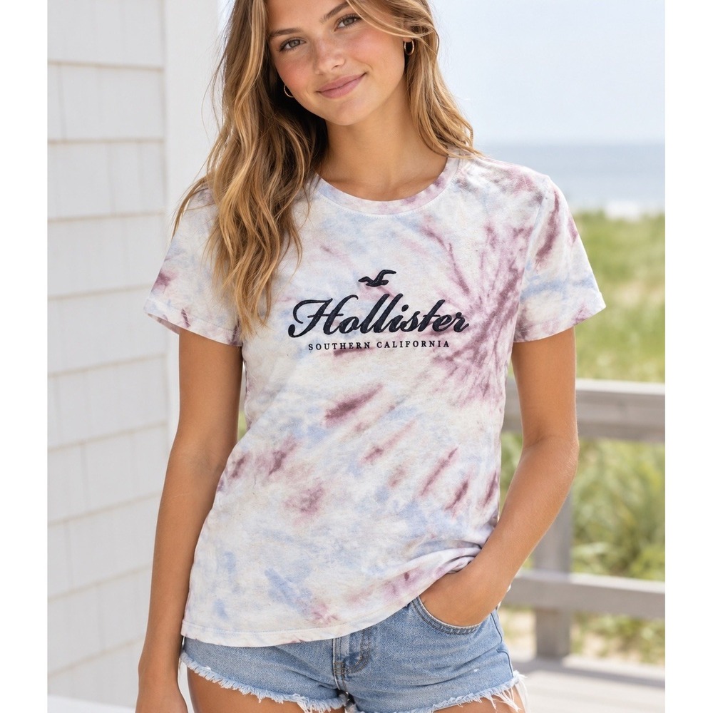 Hollister Embroidered Logo Tie Dye Tee White Purple Blue Y2K Slim Fit Small